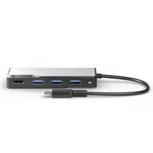 Alogic USB-C Fusion CORE 5-ühes jaotur HDMI- ja USB-A-portidega, näidatud ühendatud USB-C-kaabliga