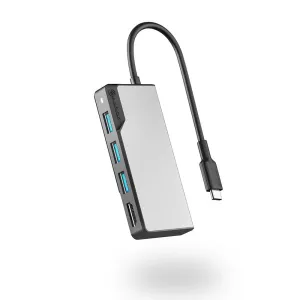 ALOGIC USB-C jaotur HDMI- ja USB-A-portidega, õhukese hõbedase disainiga ja küljes oleva kaabliga mitme pordiga ühenduvuse tagamiseks