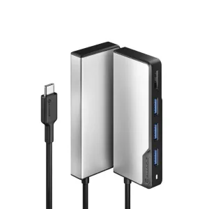 ALOGIC USB-C Fusion CORE jaotur 3 USB-A pordi ja külge kinnitatud USB-C kaabliga, hõbedane ja must.