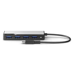 Hub USB-C ALOGIC avec quatre ports USB-A, câble intégré et dessus argenté sur fond blanc