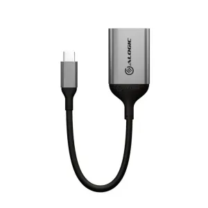 ALOGIC Ultra USB-C-sovitinkaapeli hopeanvärisellä kotelolla ja lyhyellä mustalla johdolla, lataukseen ja äänentoistoon.