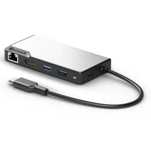 ALOGIC USB-C Fusion MAX 6-in-1-Hub mit HDMI-, USB- und Ethernet-Anschlüssen, abgebildet mit angeschlossenem USB-C-Kabel