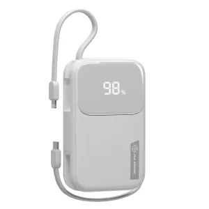 Alogic Tandem+ -varavirtalähde sisäänrakennetuilla USB-C- ja Lightning-kaapeleilla, digitaalinen näyttö näyttää akun varaustasoksi 98 %