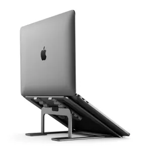 Verstellbarer Alogic Metro Laptop-Ständer mit sechs Winkeln, der ein MacBook auf einer klappbaren Stütze hält