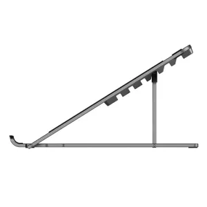ALOGIC Metro klappbarer Laptopständer im Seitenprofil, mit verstellbarer, gerasterter Stütze und erhöhter Vorderkante.
