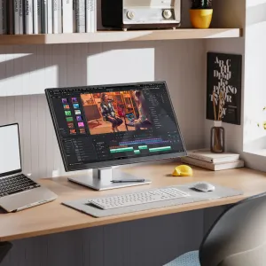 ALOGIC Clarity Fold Touch 27-tuumainen 4K-kosketusnäyttö hopeisella jalustalla kotitoimistokokoonpanossa