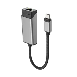 ALOGIC USB-C-auf-RJ45-Gigabit-Ethernet-Adapter mit geflochtenem Kabel und sichtbarem Ethernet-Anschluss, in Silber und Schwarz