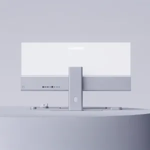 Rückansicht des Alogic EDGE 34-Zoll-Ultraweitbildmonitors mit mittigem Standfuß und rückseitigen USB-C-Hub-Anschlüssen