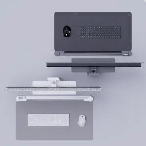 ALOGIC EDGE 34-Zoll-Ultrawide-Monitor in einer Studioanordnung von oben mit Tastatur, Maus und Schreibtischmatte