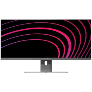 ALOGIC EDGE 34-tommers ultrabred skjerm med USB-C-hub, vist forfra med rosa og lilla abstrakt skjermbilde.