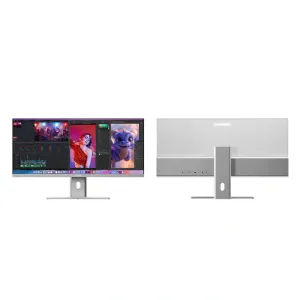 ALOGIC Edge 5K 40 ultraleveä USB-C-näyttö, kuvattuna edestä ja takaa, hopeinen jalusta ja ohut reunus