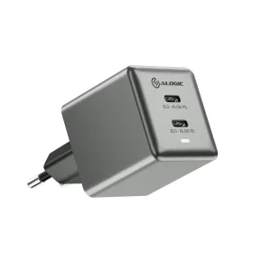 Alogic dubbel USB-C-laddare med två portar, kompakt kubdesign och 45 W Power Delivery för telefoner och surfplattor