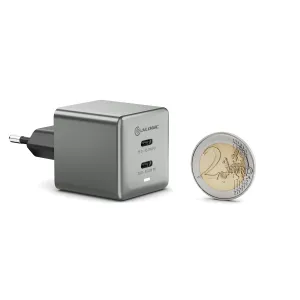 ALOGIC dubbel USB-C 45 W kubformad GaN-väggladdare i grått med två portar och kompakt reseutformning