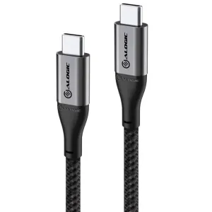 ALOGIC Ultra USB-C-auf-USB-C-Kabel mit geflochtenem schwarzem Kabel und silbernen Steckern auf weißem Hintergrund