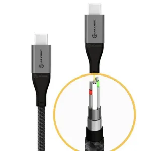 Alogic Ultra USB-C-auf-USB-C-Kabel mit geflochtenem Mantel und Schnittansicht mit internen Drähten und Metallanschlüssen