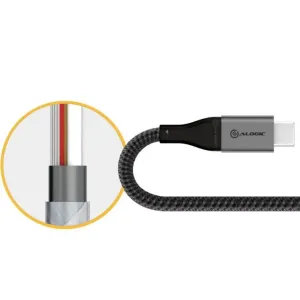 ALOGIC Ultra geflochtenes USB-C-auf-USB-C-Kabel mit sichtbarem Stecker und eingeblendeter Schnittansicht des Kabelinneren