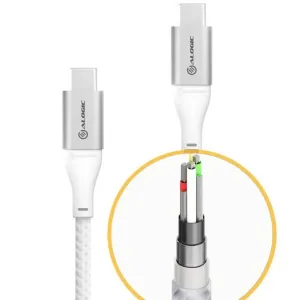 ALOGIC Ultra USB-C – USB-C kaabel hõbedaste pistikute ja sisejuhtmestiku läbilõikevaatega