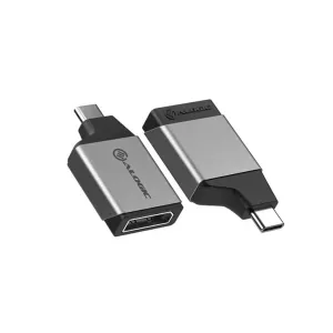 Kaksi hopeanväristä Alogic Ultra Mini USB-C–DisplayPort-sovitinta, joissa on USB-C- ja DisplayPort-liittimet