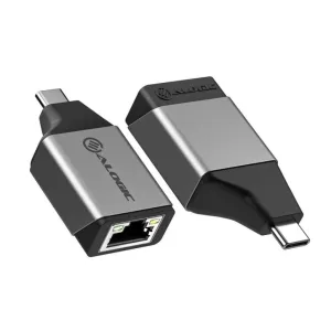 ALOGIC Ultra Mini USB-C–RJ45 Gigabit Ethernet -sovittimet tähtiharmaana, kuvassa USB-C- ja Ethernet-portit