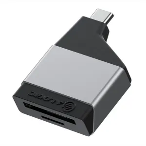 Alogic Ultra Mini USB-C-kortläsare med SD- och microSD-kortplatser, visas i rymdgrått mot vit bakgrund.