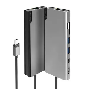 ALOGIC USB-C-dockingstation i sølv og sort med USB-C-kabel, USB-A-porte og kortslot.