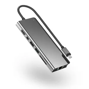 ALOGIC USB-C-dockingstation med fastmonteret kabel, flere porte og metaldesign i sølv og sort