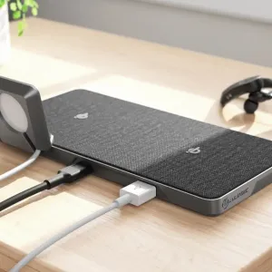 ALOGIC Ultra Power 3-in-1 -langaton lataustelakka kangaspinnalla ja kellotelineellä työpöydällä