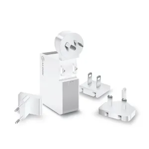 ALOGIC USB-C-Wandladegerät mit austauschbaren Steckerköpfen, in Weiß für das Laden auf Reisen dargestellt
