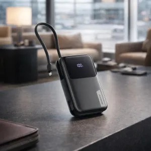 Alogic Tandem+ -varavirtalähde, jossa on sisäänrakennettu USB-C-kaapeli ja akun varaustason näyttö, kuvattuna pystyasennossa 100 %:n varaustasolla