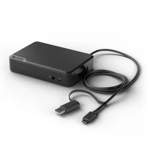 ALOGIC dual monitor docking station in black with attached cable and USB-C and USB-A adapters