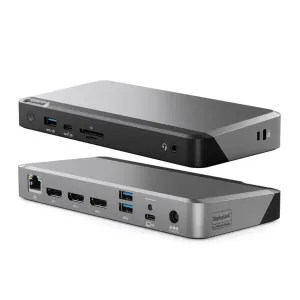ALOGIC PRIME DX3-dokkingstasjon vist fra to vinkler, med porter for tre 4K-skjermer, Ethernet og USB-tilbehør