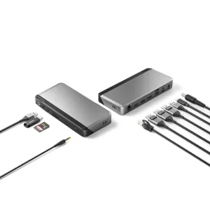 ALOGIC PRIME DX3 dokkingstasjon med to dokker, kabler, Ethernet og SD-/microSD-kortspor
