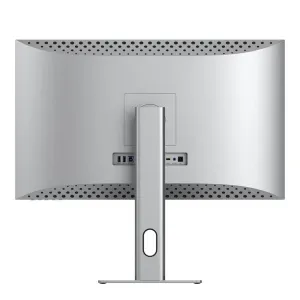 ALOGIC Clarity 27-tommer sølvskærm set bagfra på justerbar stander med synlige porte og ventilationsåbninger