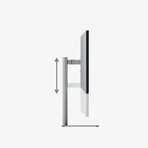 Alogic Clarity 27-tommers UHD 4K-monitor set fra siden på et slankt, justerbart sølvfarvet stativ