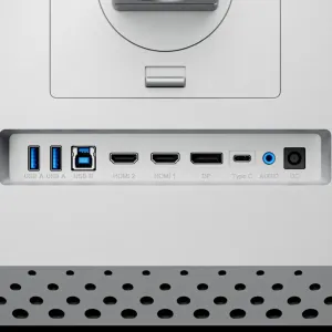 ALOGIC Clarity 27-tommers UHD 4K-skærms bagpanel med USB-C-, HDMI-, DisplayPort- og USB-A-porte