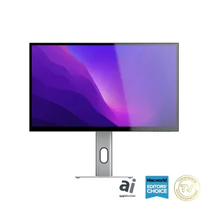 ALOGIC Clarity 27-tommers UHD 4K-skærm i sølv med tynd ramme og justerbar fod på hvid baggrund