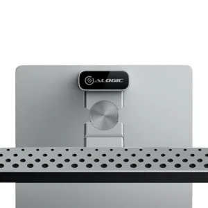 ALOGIC Clarity 27-tommer UHD 4K-skærm set bagfra i sølv med justerbar stander og logomærke