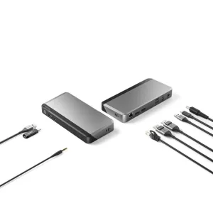 ALOGIC PRIME MX2 -yleistelakka tähtiharmaana, jossa on useita USB-, Ethernet- ja ääniportteja, kuvassa kaapeleiden kanssa.