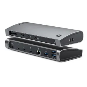 ALOGIC Thunderbolt 4 BLAZE dokstacija kosmosa pelēkā krāsā ar priekšējiem portiem, USB-C, Ethernet un karšu slotu.