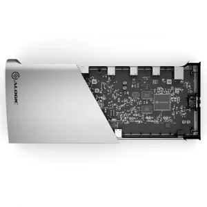 ALOGIC Thunderbolt 4 BLAZE dokstacija sudraba un melnā krāsā ar USB-C portiem, izolēta uz balta fona