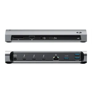 ALOGIC Thunderbolt 4 dokstacija, attēlota no priekšpuses un aizmugures, ar USB-C, USB-A, Ethernet pieslēgvietām un SD karšu slotiem