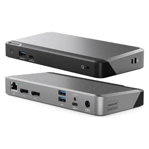 ALOGIC PRIME DX2 Universal Dock i rymdgrått, visas från två vinklar med USB-C-, USB-A-, Ethernet- och bildskärmsportar