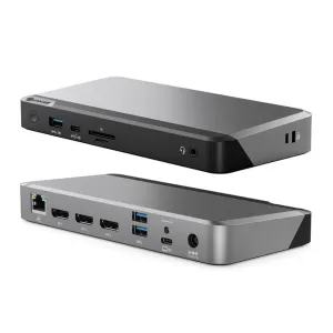 ALOGIC PRIME MX3 -yleistelakka tähtiharmaana ja mustana, kuvattuna useilla porteilla ja kolmen näytön liitännöillä.
