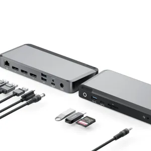 ALOGIC PRIME MX3 -universaali telakka useilla porteilla, kaapelitarvikkeilla ja korttipaikalla kolmen 4K-näytön kokoonpanoihin