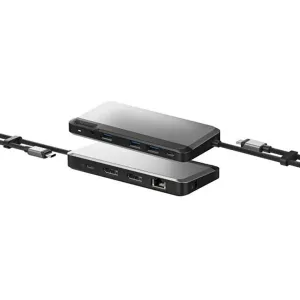 ALOGIC USB-C dokstacija diviem monitoriem ar DisplayPort, USB-A, Ethernet un audio pieslēgvietām, kosmosa pelēkā krāsā