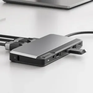 ALOGIC USB-C divu monitoru dokstacija kosmosa pelēkā krāsā ar pievienotiem kabeļiem un redzamiem portiem.