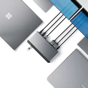 ALOGIC PRIME MX2 Universal-Dock mit angeschlossenen Kabeln, abgebildet in Space Grau und Schwarz vor einem weißen Studiohintergrund