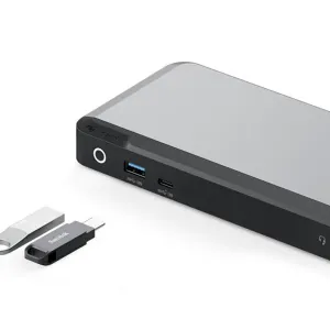 ALOGIC PRIME MX2 universelle Dockingstation mit USB-C- und USB-A-Anschlüssen, abgebildet mit Kabel und USB-Stick
