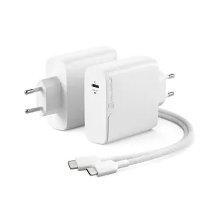 ALOGIC Rapid Power 100 W GaN-Ladegerät in Weiß mit USB-C-Kabel, zeigt zwei Wandladegeräte vor weißem Hintergrund