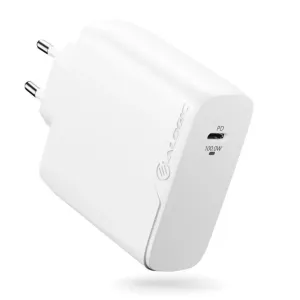 Alogic Rapid Power 100 W GaN-Ladegerät in Weiß, kompaktes Wandladegerät mit USB-C-Anschluss und zwei runden Steckkontakten